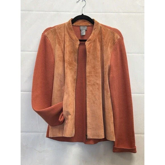 Sigrid Olsen Leather Front Silk Cotton Knit Jacket Rust Full Zip Cardigan Large - Picture 1 of 11